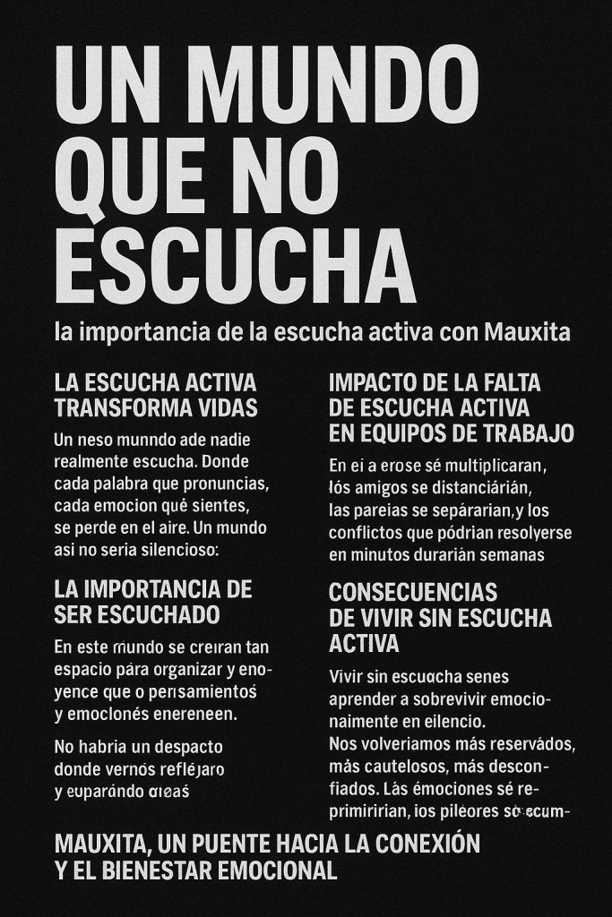 Un mundo que no escucha, imagina un mundo donde nadie realmente escucha. Donde cada palabra que pronuncias, cada emoción que sientes, se pierde en el aire. Un mundo así no sería silencioso; sería un caos de voces que no se entienden. Todos hablan, pero pocos escuchan.
En Mauxita, entendemos que la escucha activa es fundamental para mejorar las relaciones personales y profesionales. Sin ella, las personas cargan con sus problemas, dudas y miedos, pero no hay un espacio seguro para expresarlos. Cada conversación se siente superficial, como palabras que no conectan con nadie. La frustración crece, porque sentirse invisible incluso mientras hablas afecta tu bienestar emocional.
