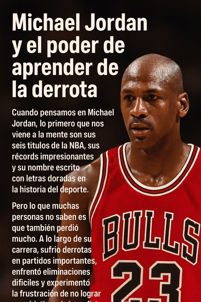 Michael Jordan, poder  aprender de la derrota, cuando pensamos en Michael Jordan, lo primero que nos viene a la mente son sus seis títulos de la NBA, sus récords impresionantes y su nombre escrito con letras doradas en la historia del deporte. Pero lo que muchas personas no saben es que Jordan también perdió mucho. A lo largo de su carrera, sufrió derrotas en partidos importantes, enfrentó eliminaciones difíciles y experimentó la frustración de no lograr sus objetivos de inmediato.