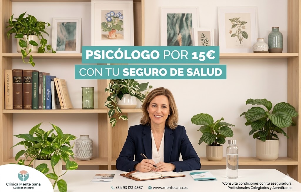 Imagen publicitaria de una clínica psicológica ofreciendo sesiones a un precio de saldo de 15€ a través de seguros de salud. La imagen muestra una profesional en un entorno de oficina profesional