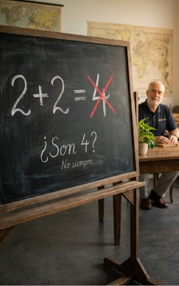 Fotografía de una pizarra negra sobre un caballete de madera en primer plano, ubicada en un estudio o aula con mapas antiguos de fondo. En la pizarra está escrita con tiza blanca la ecuación matemática '2 + 2 ='. A la derecha del igual, el número '4' está tachado con una gran 'X' de tiza roja. Debajo de la ecuación, aparece la pregunta escrita a mano: ¿Son 4?. Justo debajo, en letra más pequeña, la respuesta: No siempre. Al fondo, a la derecha y desenfocado, se aprecia a un hombre con gafas y barba sentado detrás de una mesa de madera con una planta en maceta
